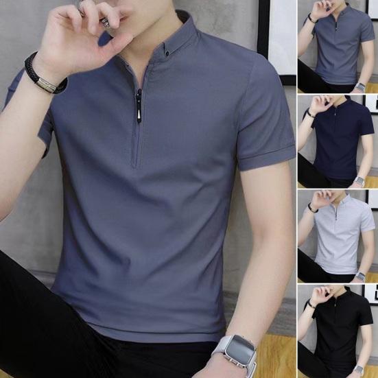 Yunzhu Zomer Heren Top V Hals Ritssluiting Opstaande Kraag Korte Mouwen Slim Fit Effen Kleur Zacht Ademend Middellange Casual Formeel Zakelijk Overhemd M donkergrijze kleur