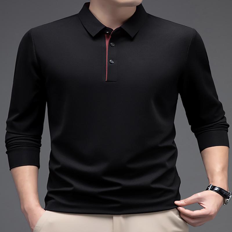 Haojun Herfst Nieuw Heren Lange Mouw Revers Naadloos Polo Shirt, Eenvoudige Casual Heren Top, Basis T-shirt S zwart