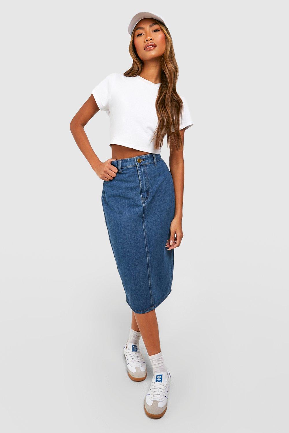 Boohoo Stretch High Waist Midi Spijkerrok, Mid Wash