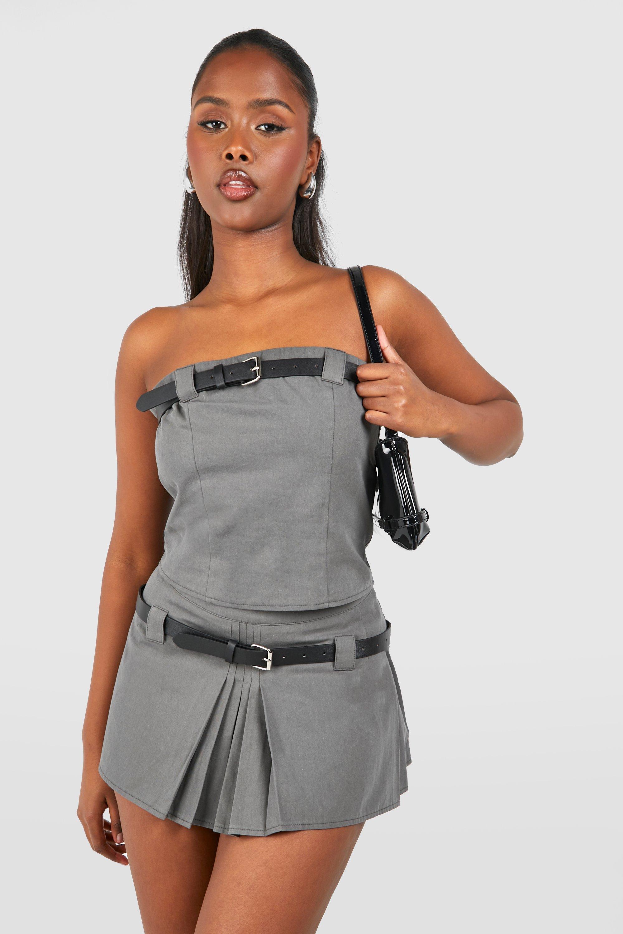 Boohoo Geplooid Mini Rokje Met Ceintuur, Slate Grey