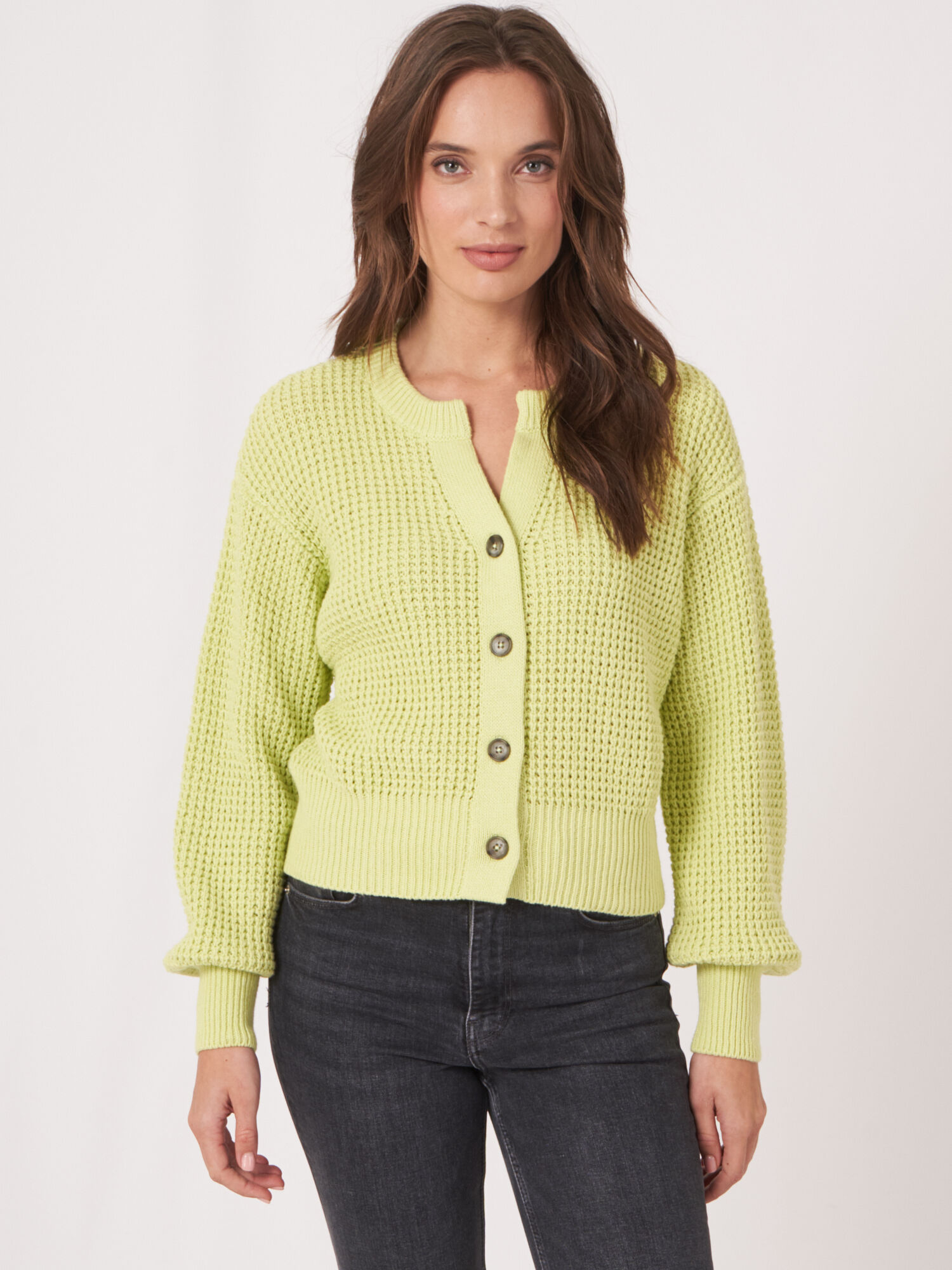 REPEAT cashmere Grof gebreid vest met pofmouwen