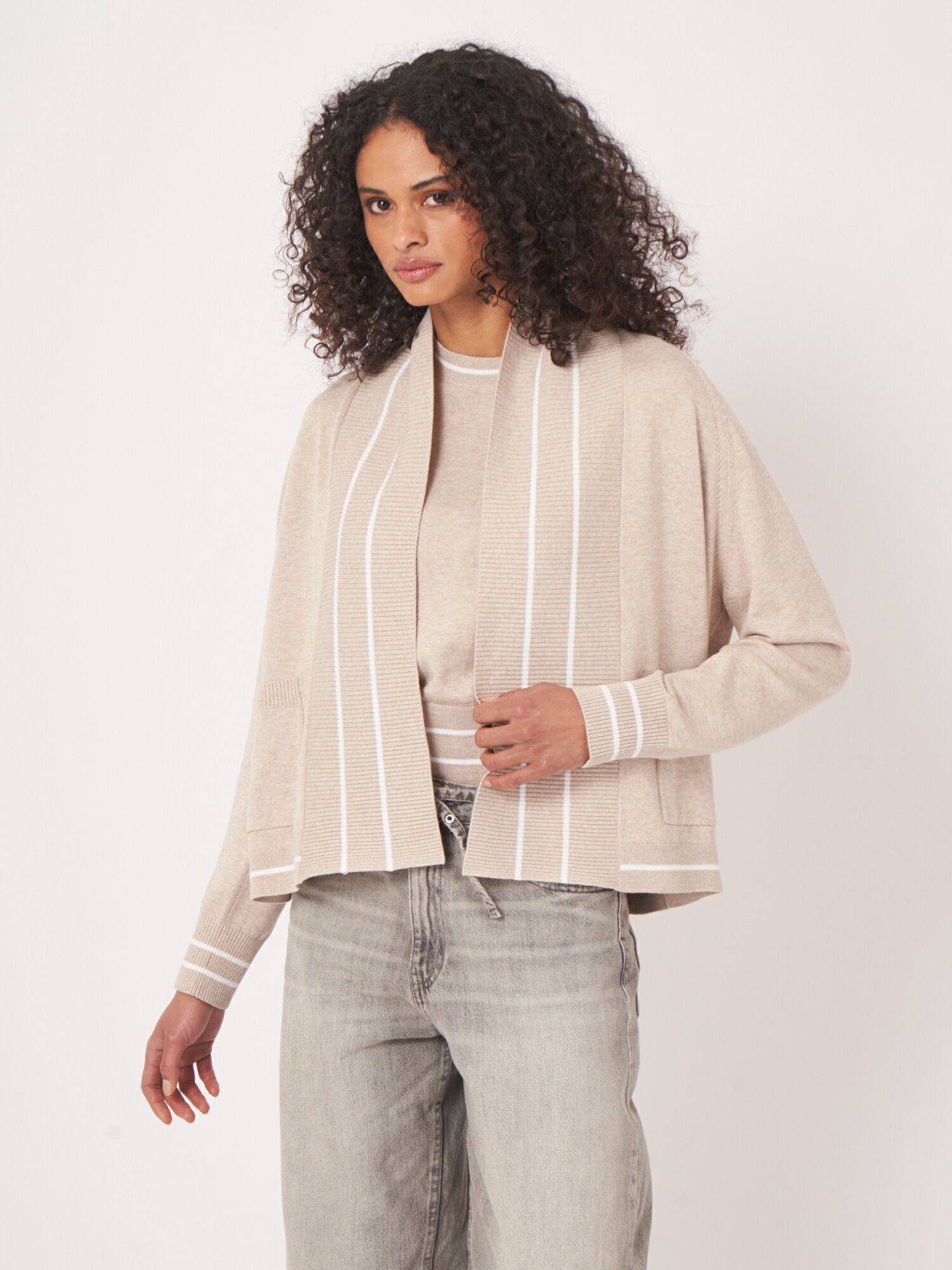 REPEAT cashmere Open vest met strependetail in katoenmix
