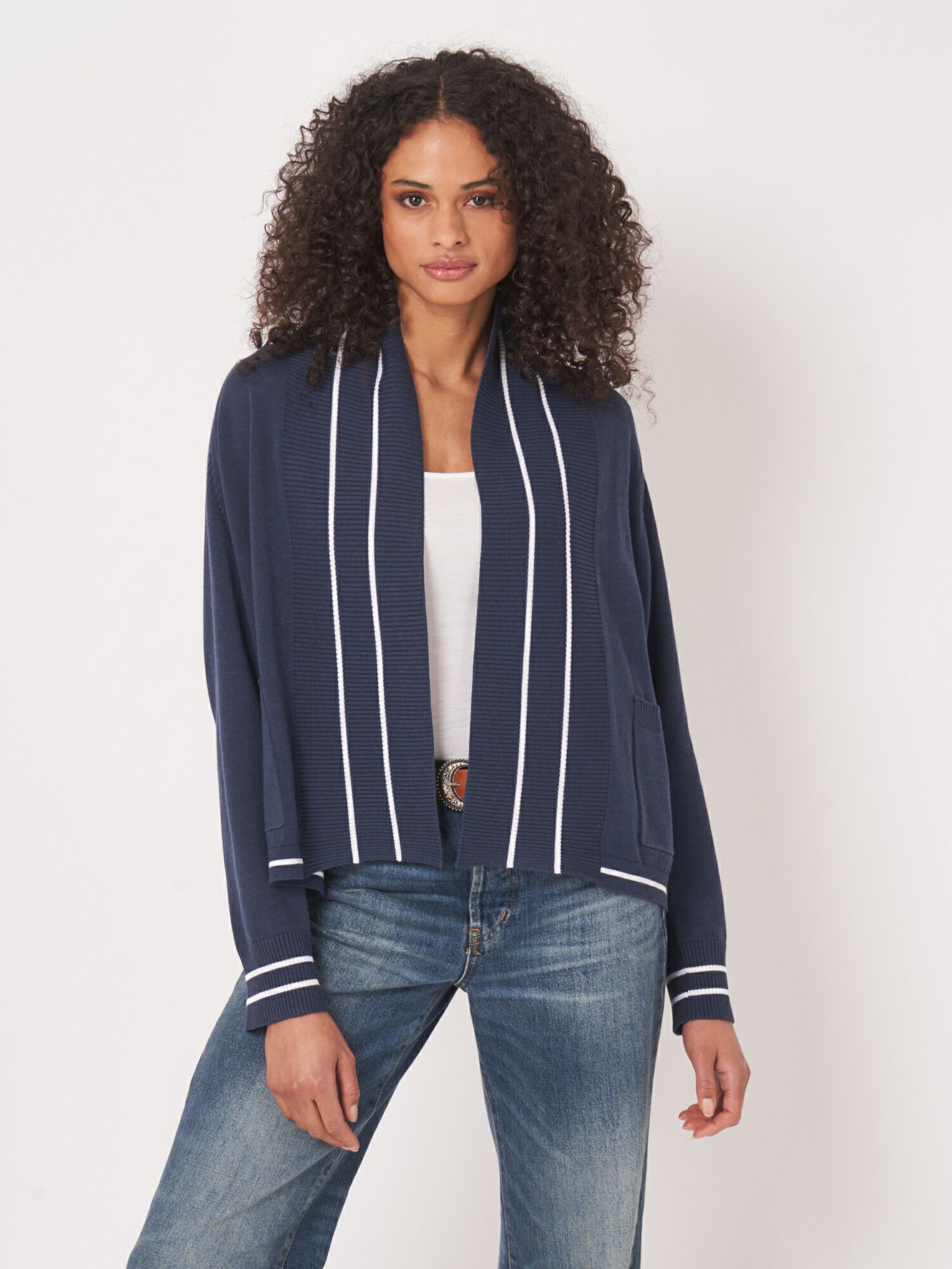 REPEAT cashmere Open vest met strependetail in katoenmix