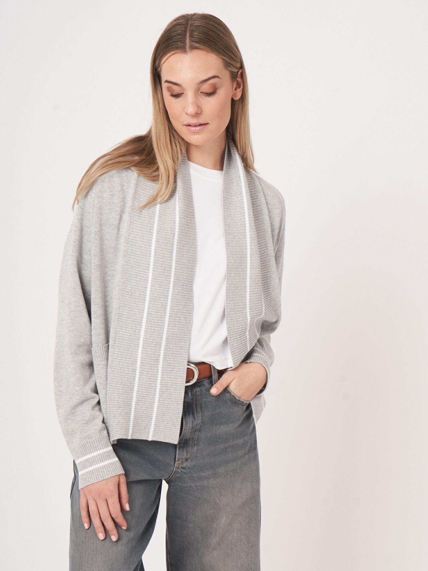 REPEAT cashmere Open vest met strependetail in katoenmix