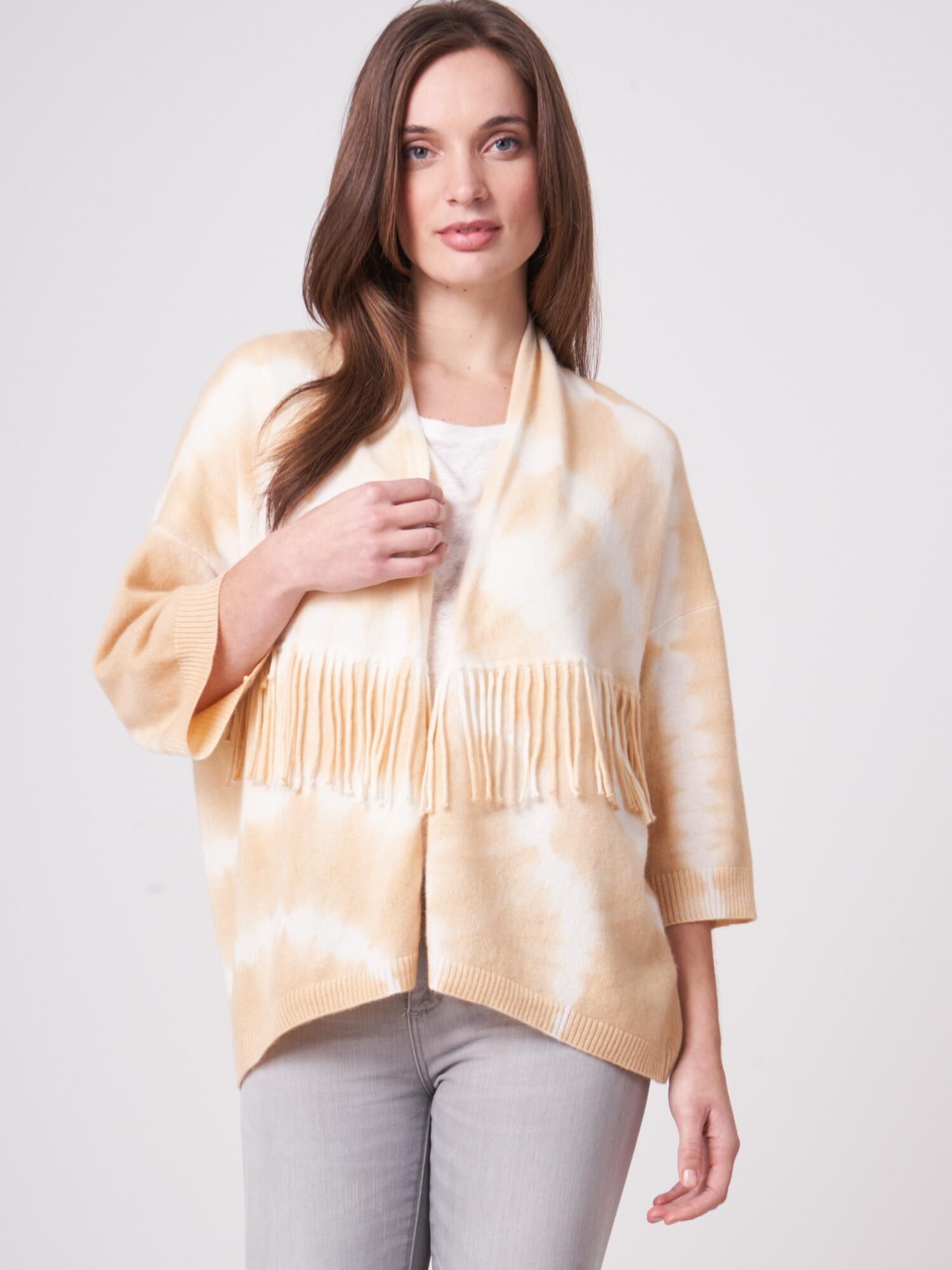 REPEAT cashmere Vest met tie-dye print en franjes van biologisch cashmere