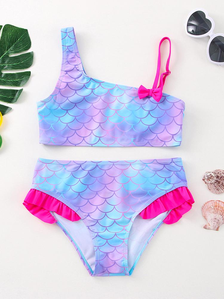 Super Tankini Meisjes bikini badpak set met visgraatmotief en print, bovenstuk + broekje 3-4Y