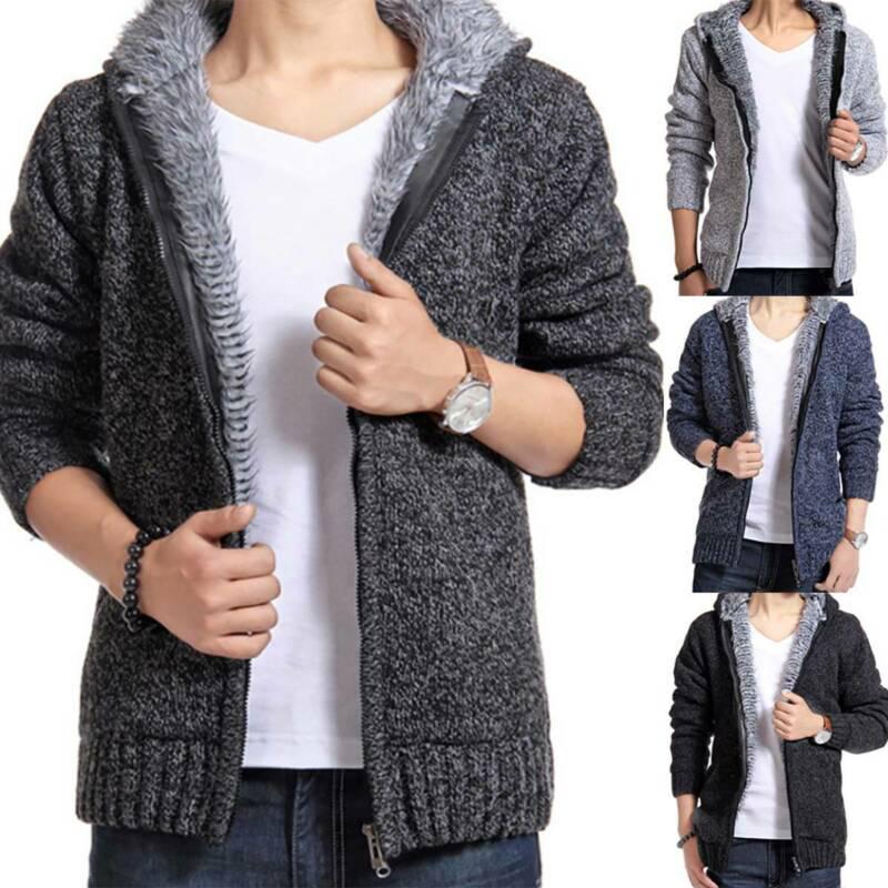 RJ37CE Heren fleece gebreide trui gevoerd winter warm vest met capuchon jumper jas 2XL zwart