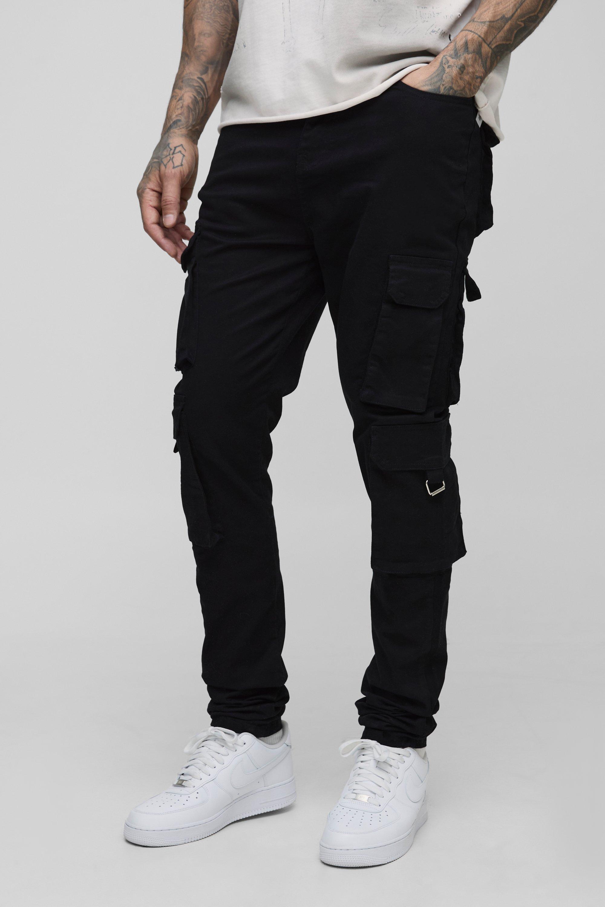 Boohoo Tall Fixed Waist Multi Cargo Stacked Skinny Cargo Pants, Black