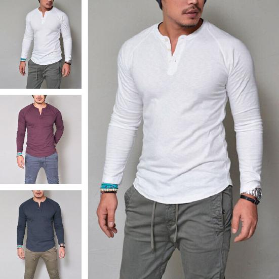 Meizhenchang Heren herfst T-shirt ronde hals effen kleur lange mouwen slim fit zacht ademend casual eenvoudige stijl halflange heren lente top L rood