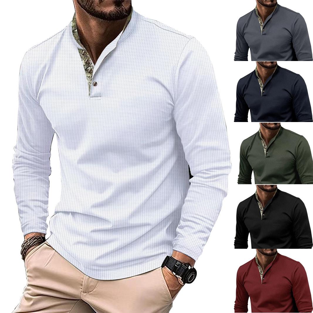 Fashion human Lente en herfst nieuwe heren POLO shirt dubbellaags kraag splitsen lange mouwen trui tops T-shirt heren S bordeaux