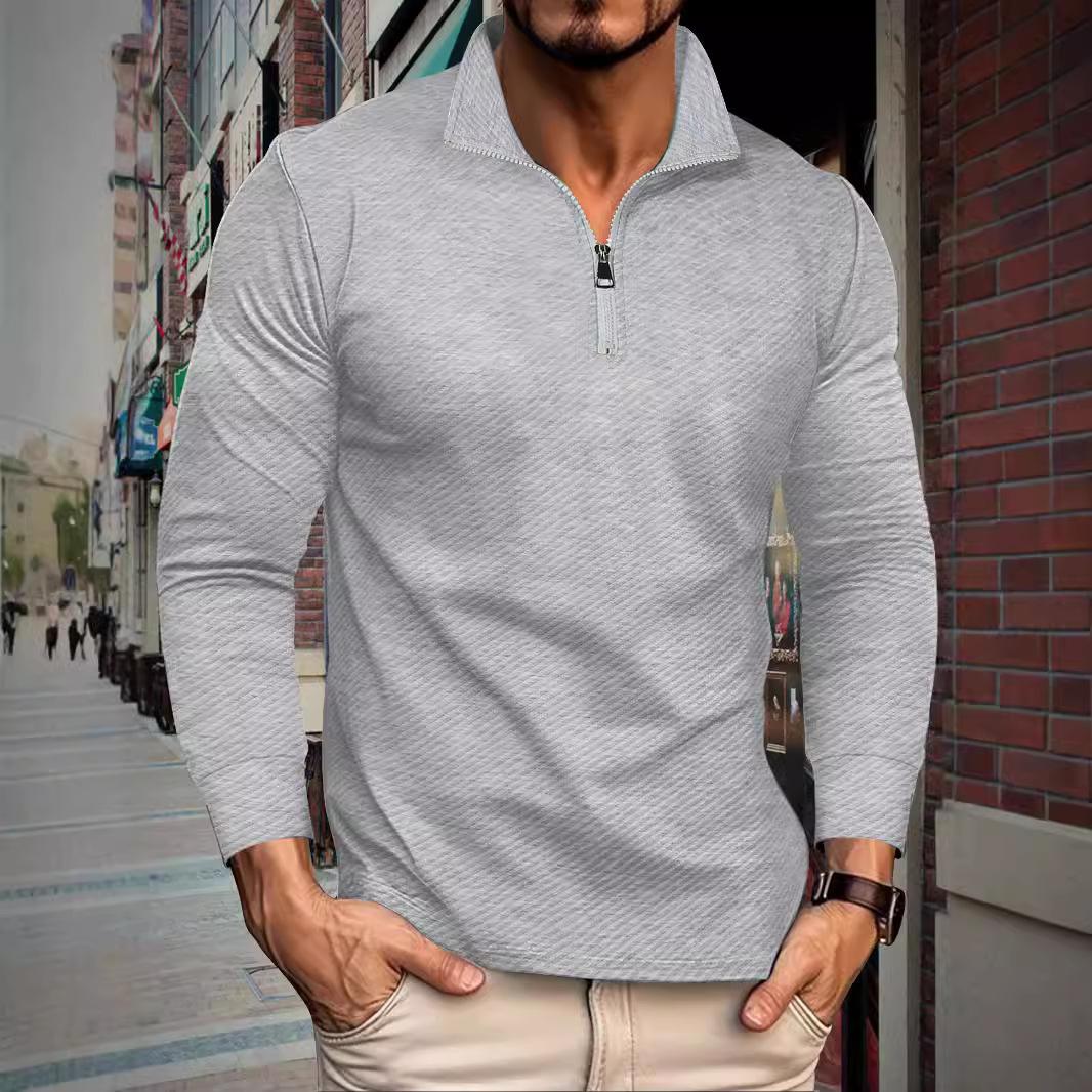 Fashion human Herfst nieuwe twill jacquard poloshirt halve rits lange mouwen heren sport poloshirt heren sweatshirt S lichtgrijze kleur