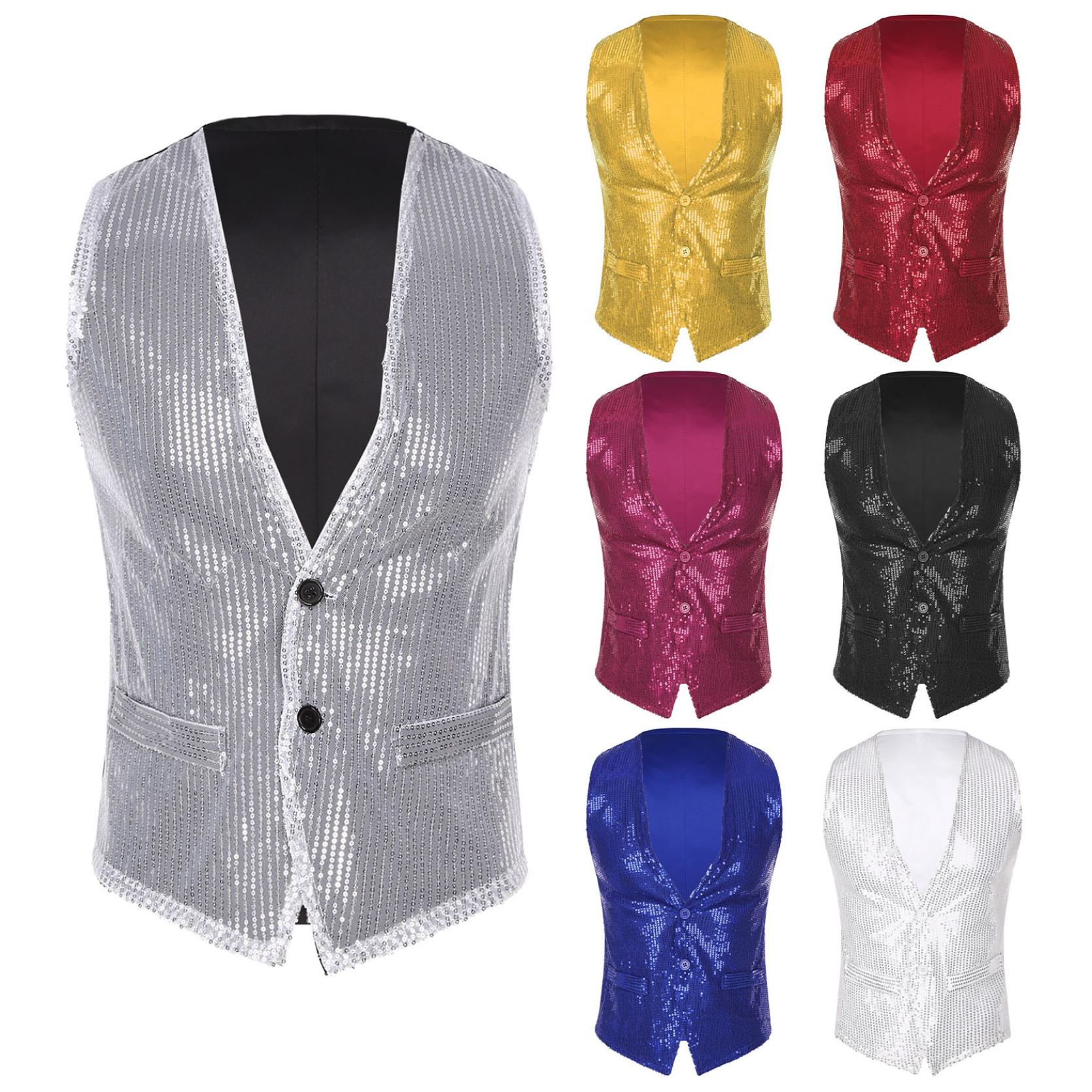 IEFiEL Womens Heren Glanzende Pailletten Sjaal Smoking Pak Blazer Bruiloft Prom Glitter Jasje DJ Club Stage Blazer Vest M wit