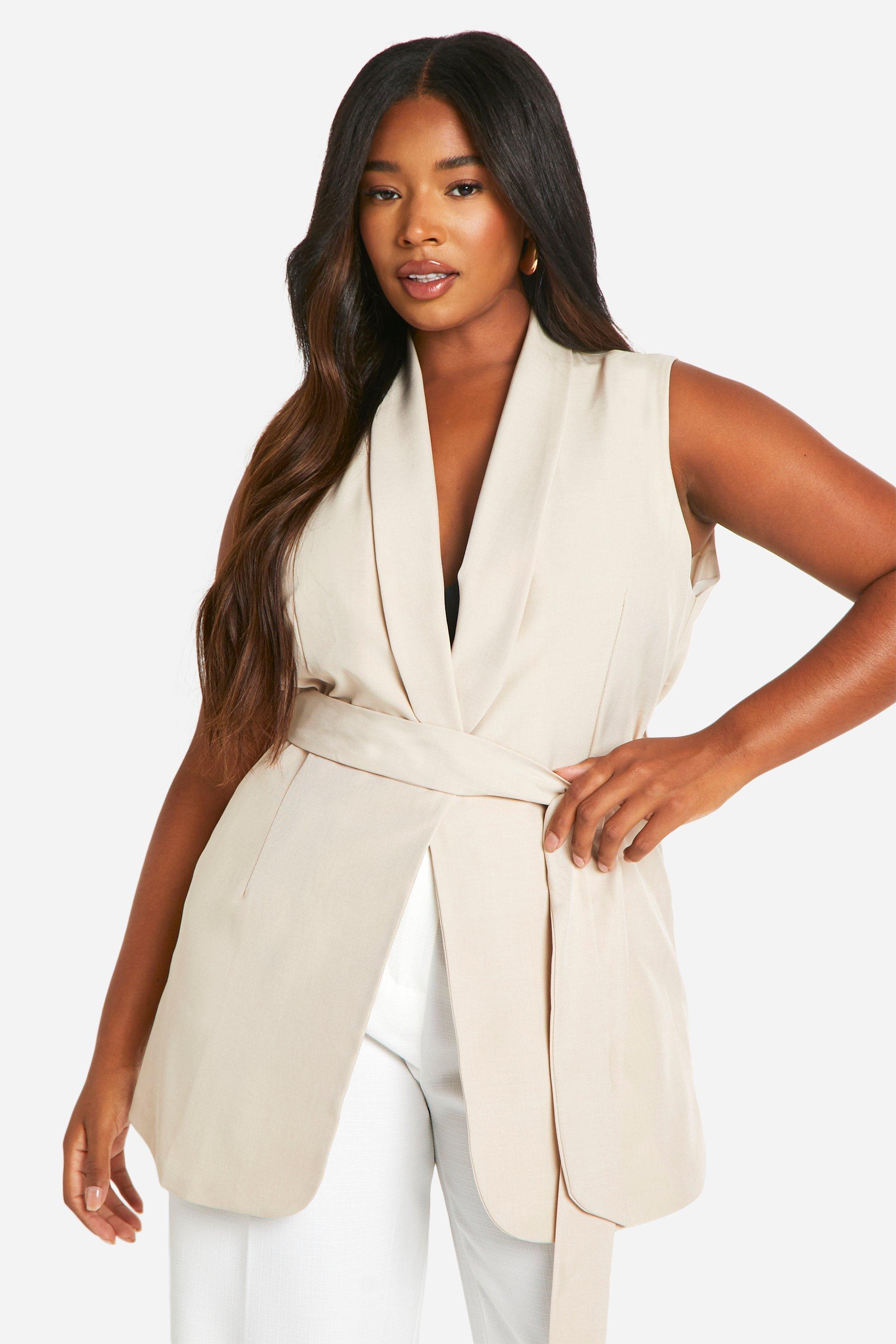 Boohoo Plus Mouwloze Linnen Look Blazer, Stone