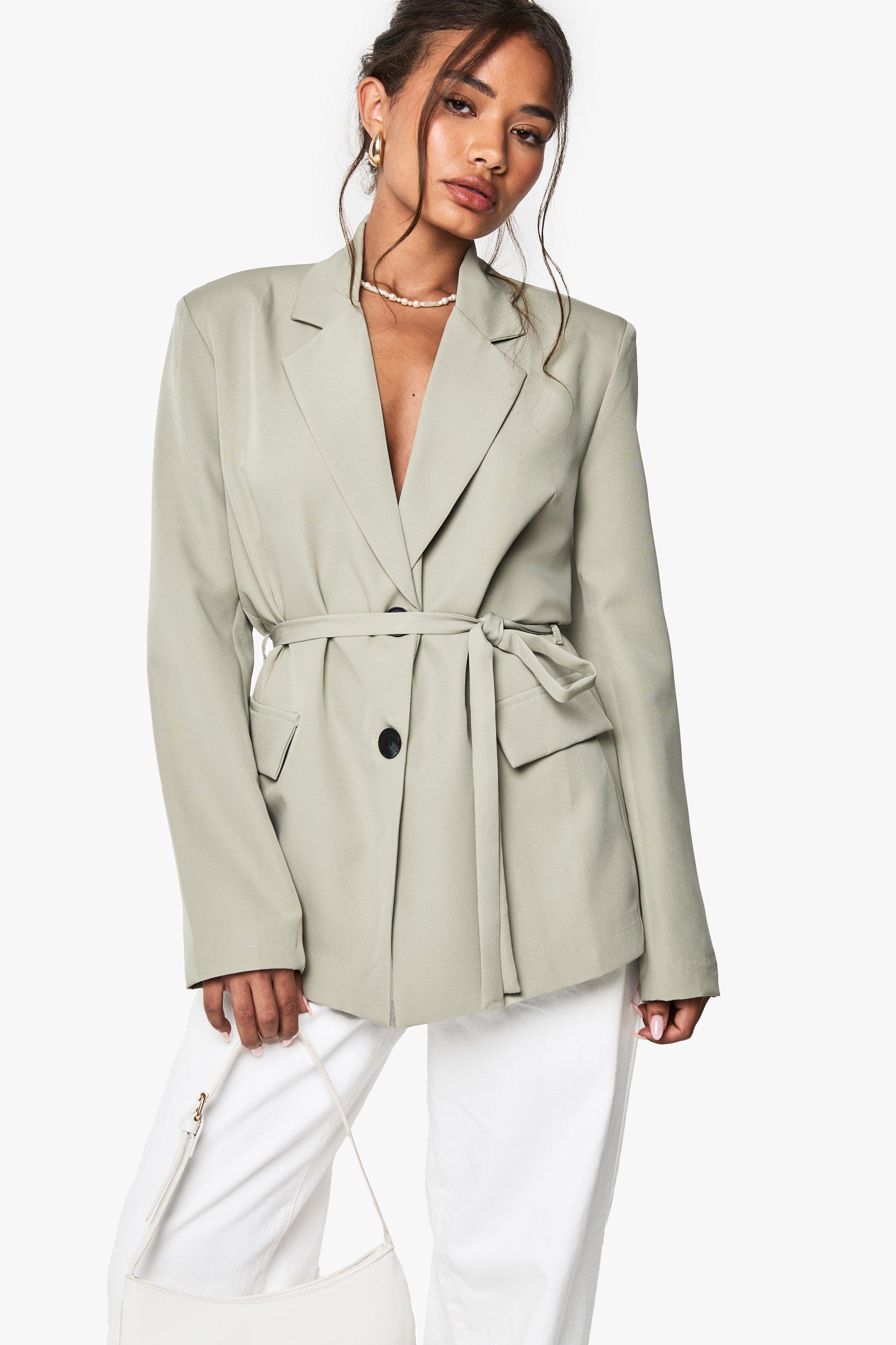 Boohoo Contrasterende Blazer Met Knoop Detail En Ceintuur, Sage
