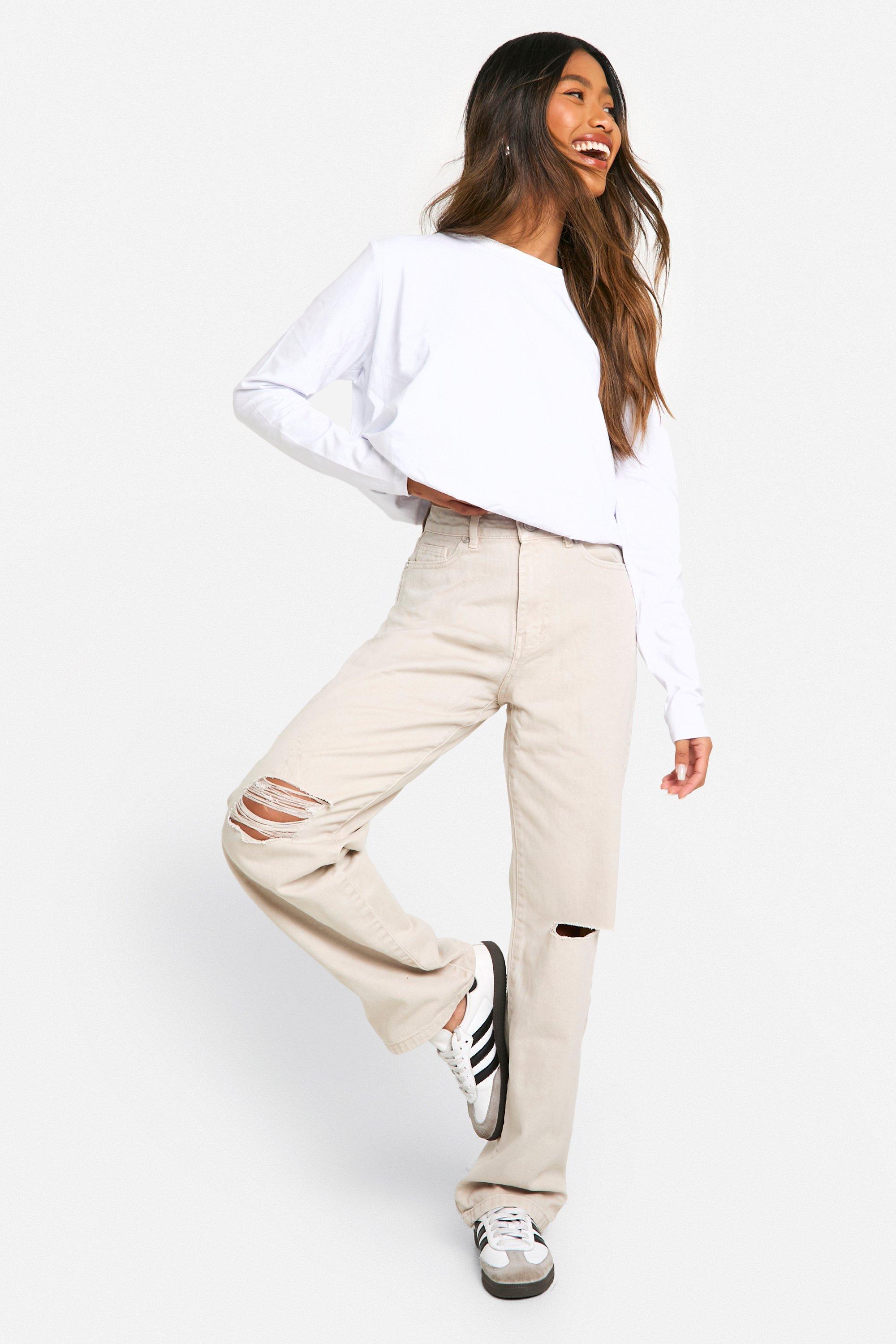 Boohoo Basic Boyfriend Jeans Met Gescheurde Knieën, Ecru
