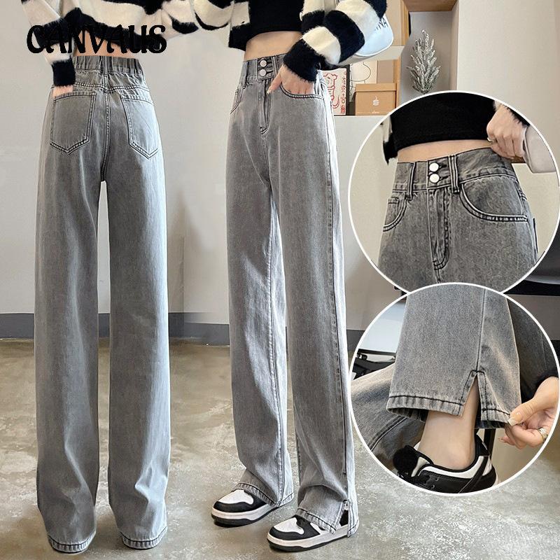 CANVAUS Jeans Dames Lente en Herfst Elastische Taille Hoge Taille Wijde Pijpen Broek Dunne Rechte Broek Lange Broeken Denim Jeans S