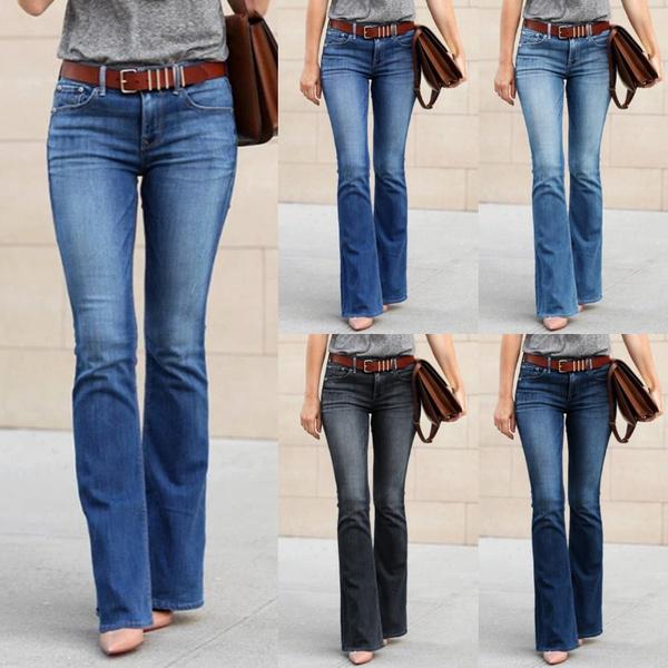 Secretworld Dames Casual Bell Jeans Effen Kleur Lage Wasit Denim Broek Vrouwelijke Lente Herfst Slim Fit Flare Bottom Jeans Broek (geen riem) L marineblauwe kleur