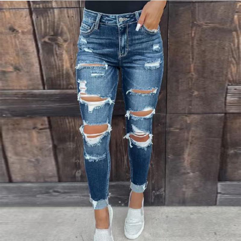 Omena Stretch Ripped Washed Slim Tight Lift Hip Casual Dames Jeans S blauw