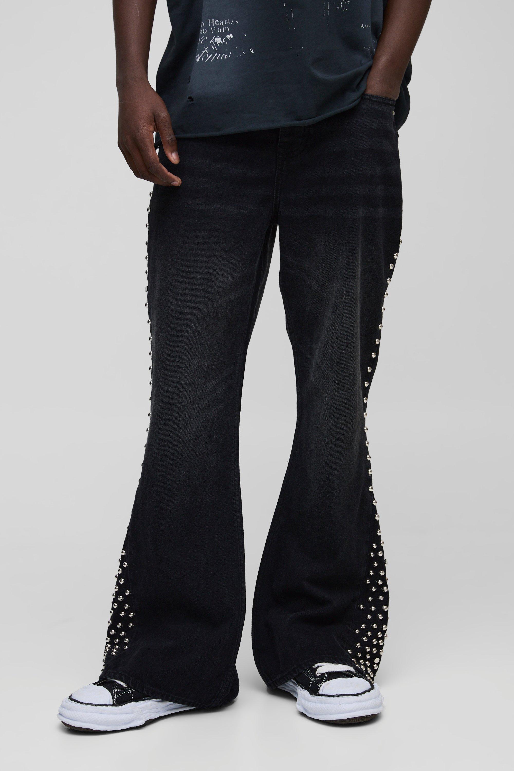 Boohoo Versierde Baggy Jeans Met Wijde Pijpen, Gusset Detail En Naaddetail, Black