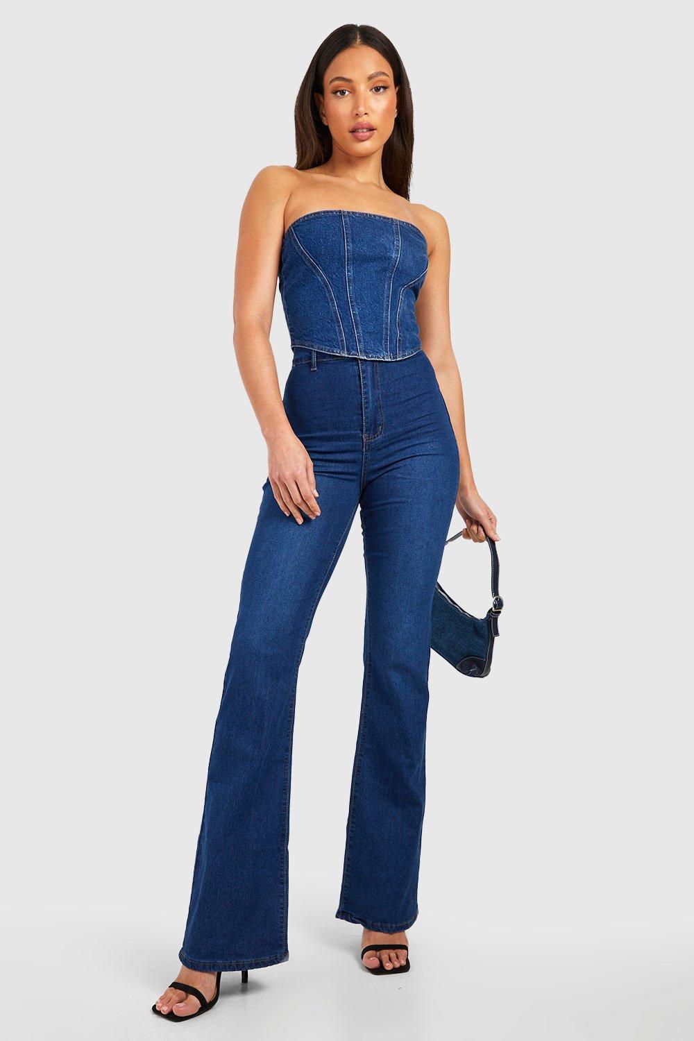 Boohoo Tall Skinny Jeans Met Wijd Uitlopende Pijpen En Hoge Taille, Mid Blue