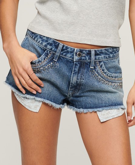 Superdry Vrouwen Denim Short Versierd met Strass Blauw