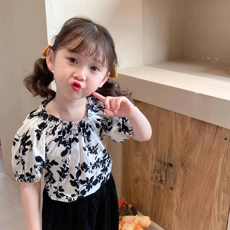 BOOSKU Kindermeisjesblouse Kinderbladprint Korte top met pofmouwen 11