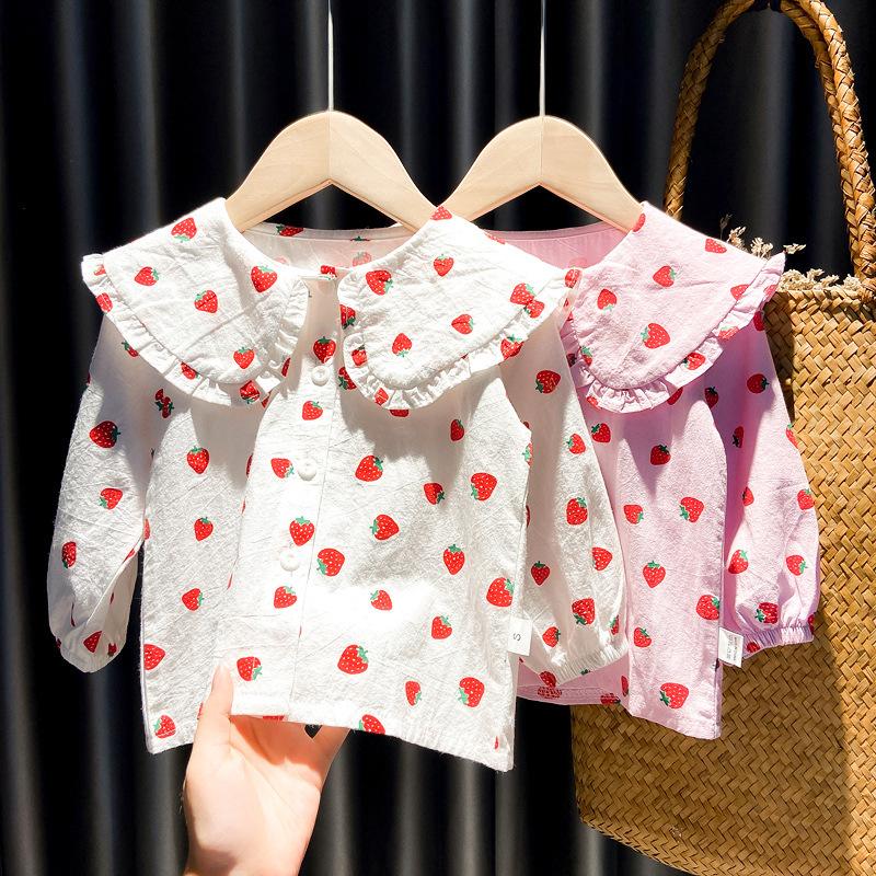 BOOSKU Herfst meisjesoverhemden met lange mouwen, casual katoenen kinderblouses, aardbeiprintoverhemd, blousetops met lange mouwen voor kinderen 100