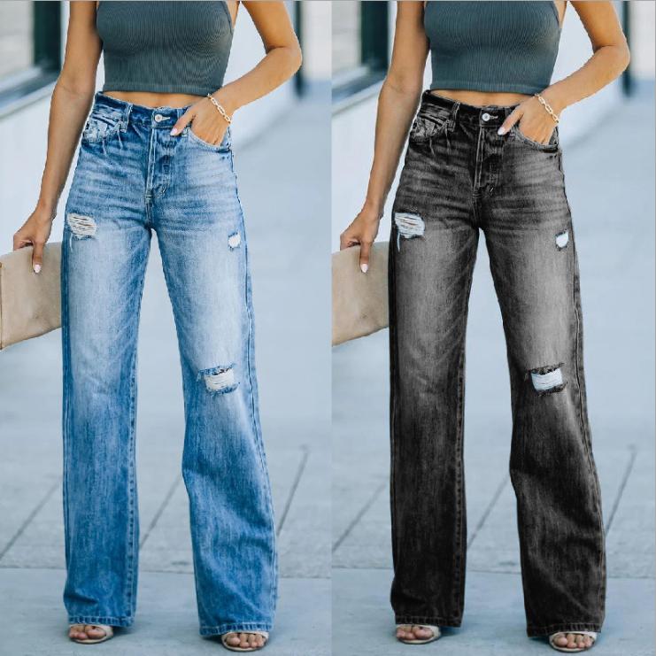 YPretty-Jewelry Lente en herfst Vrije tijd Wijde pijpen Broek Midden taille Wasgat Denim broek Dames S zwart