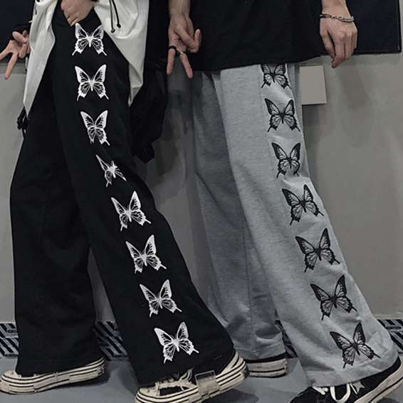 Fluffy Hiphop streetwear jeans vrouwen rechte elastische hoge taille vlinderprint wijde pijpen punk harajuku jeans S zwart