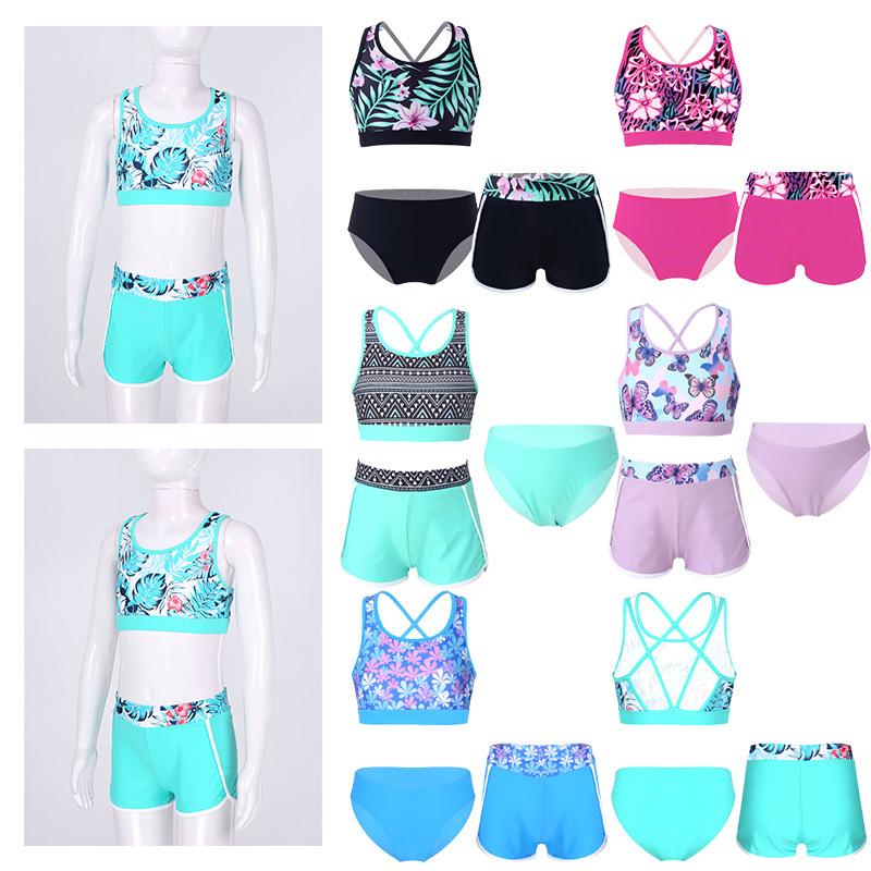 Fldy 3-delige kindermeisjes badmode U-hals print crop tops met shorts en slips set strand zwembad Rashguard pak 5-6 Years