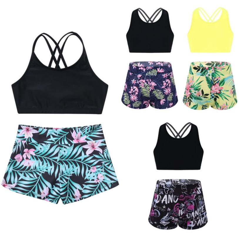 Yeahdor Meisjes badpak 2PCS set Racerback top met korte dans sport outfits gymnastiek zwemkleding 5-6Years zwart/groen