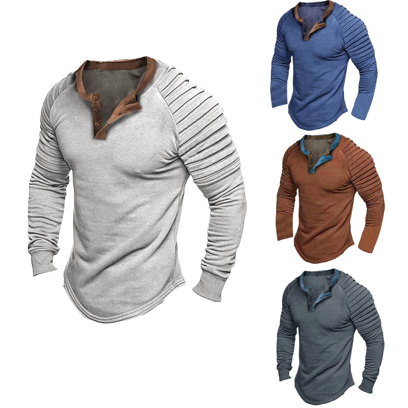 Ximalaya (Qunide) Katoenen casual T-shirt met V-hals en lange mouwen voor heren, geplooid en geplooid M donkerblauwe kleur