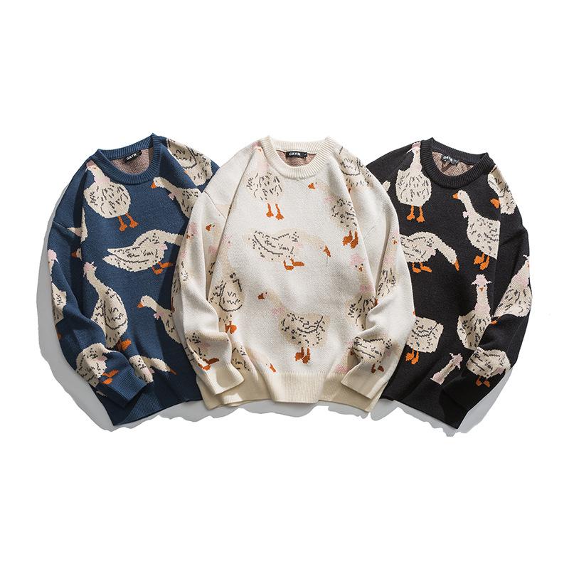 DSorothy Gebreide trui heren cartoon dier eend gans print trui harajuku casual ronde hals oversized top streetwear unisex herfst S blauw