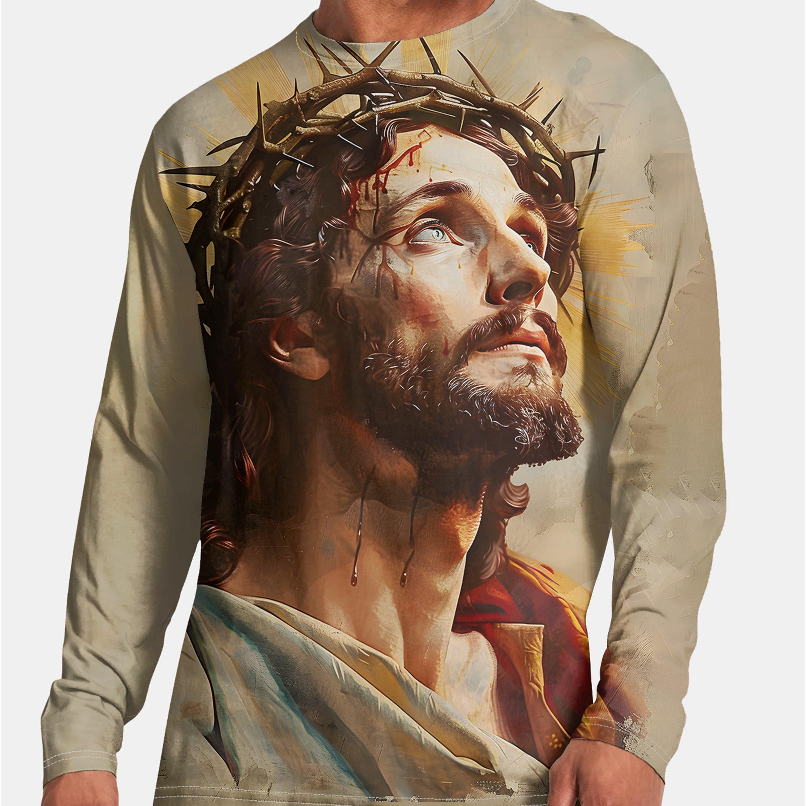ETST 03 Heren 3D Jezus Print T-shirt met lange mouwen Casual ronde hals Stretchstof Perfect voor herfst/winter S