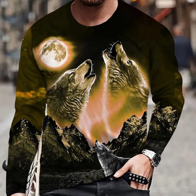 Happy Show Wolf Moon Print Heren T-shirts Lange Mouw T-shirts Ronde Hals Casual Pullover Herenkleding Plus Size XS rood