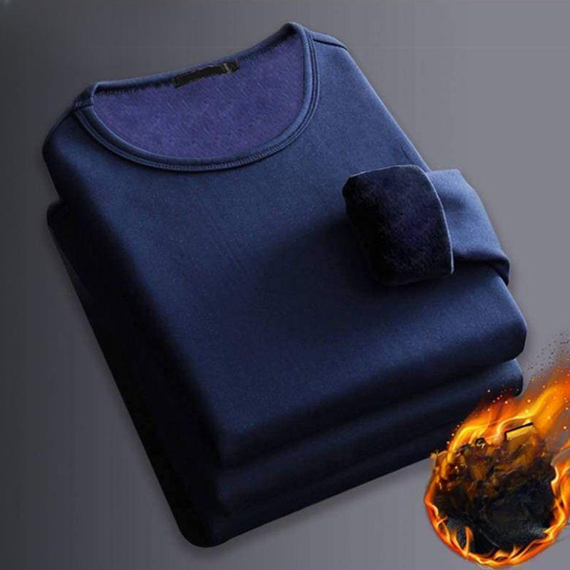 JOHO - CarGear Winter heren lange mouwen thermisch ondergoed T-shirt fleece onderkant shirt ronde hals shirt mode plus fluwelen gewatteerd T-shirt 3XL 75-80KG zwart