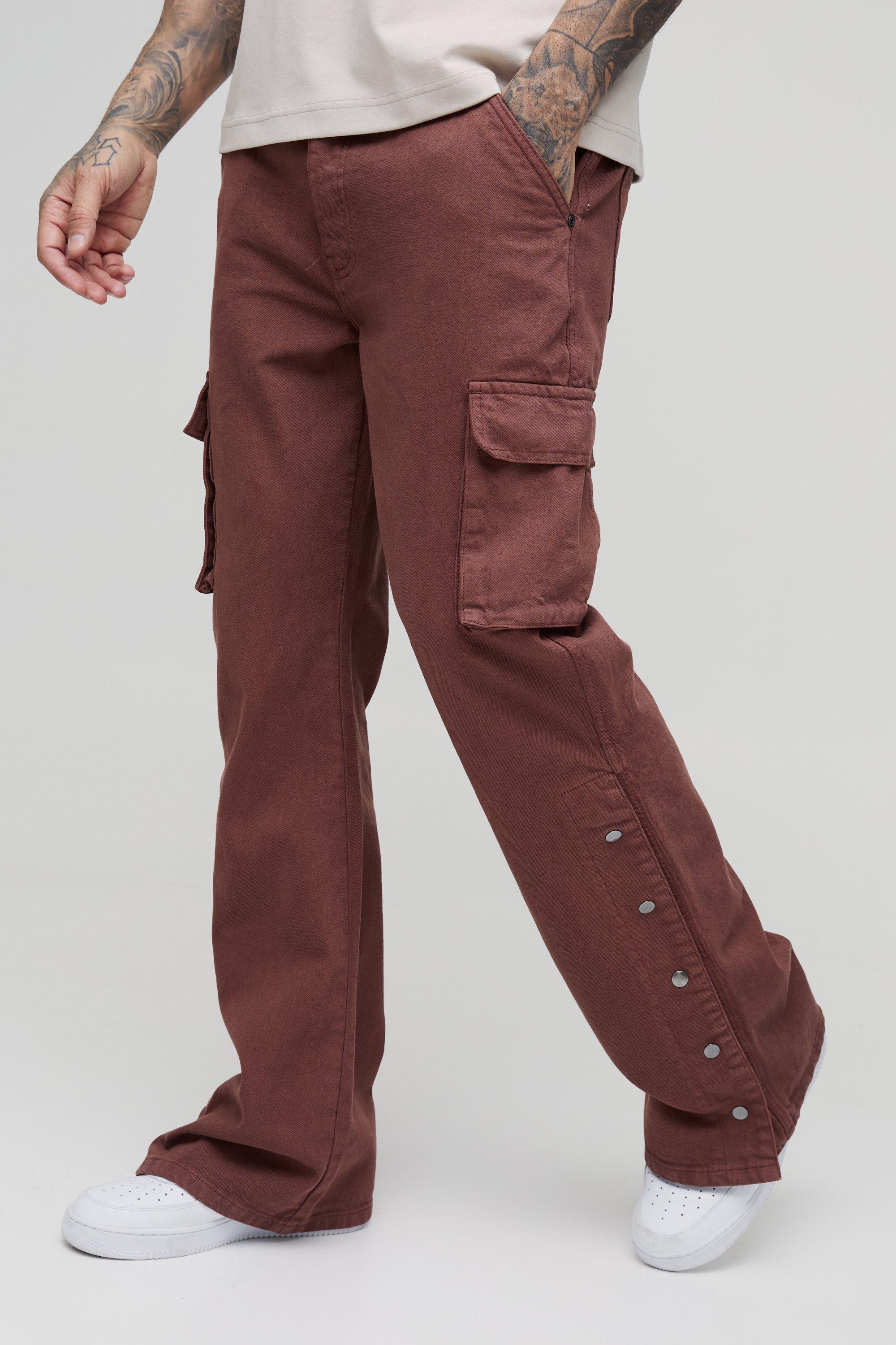 Boohoo Tall Baggy Flared Overdye Cargo Broek Met Drukknoopjes In Zwart, Chocolate