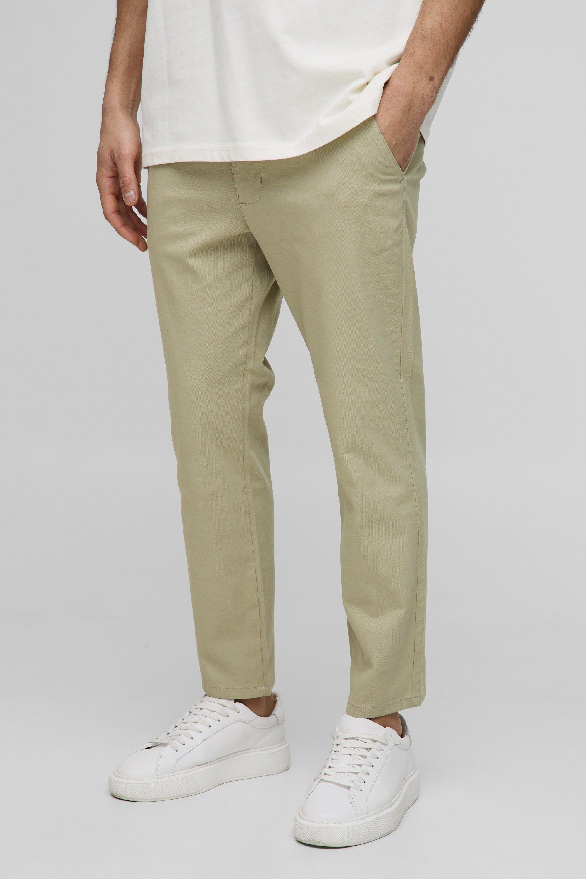 Boohoo Korte Slim Fit Chino'S Met Tailleband In Kaki, Khaki