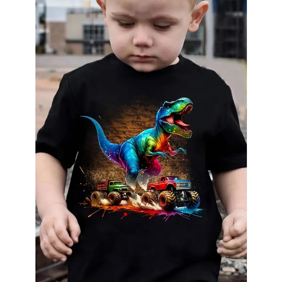 WowClassic Leuke Dinosaurus & Vrachtwagens Grafische Ronde Hals Tee Jongens Casual Tees Korte Mouwen, Ronde Hals Kleurrijke Cartoon Zomer Alledaags Leven 110