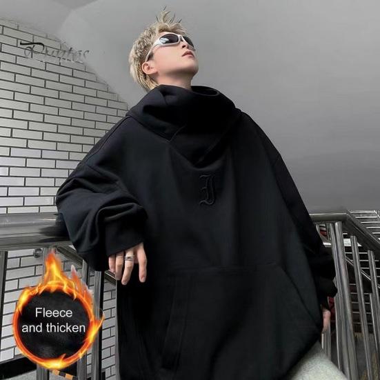DILLER Herfst Lente Heren Hoodie Hip Hop Stijl Streetwear Dikke Pluche Warme Losse Effen Kleur Capuchon Borduurwerk Gestapelde Kraag Casual Pullover Top M zwart