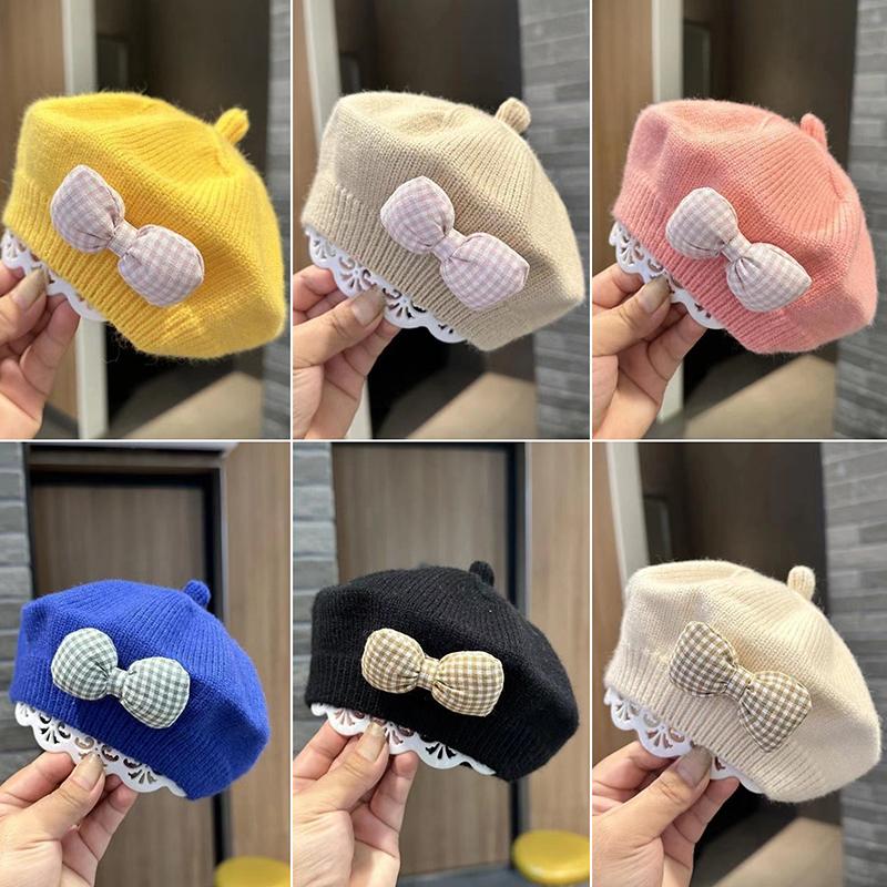 Jimeim Mode schattige baby hoed effen kleur strik warme baret hoed voor meisjes vintage prinses baret hoed kinderen herfst winter muts cadeaus 10