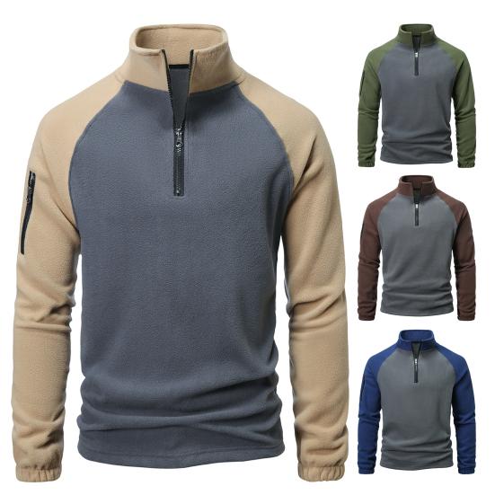GETIFIT Herfst Winter Heren Top Halve Rits Staande Kraag Nek Beschermend Colorblock Polar Fleece Middellange Pullover Sweatshirt voor Streetwear School Dating M kaki