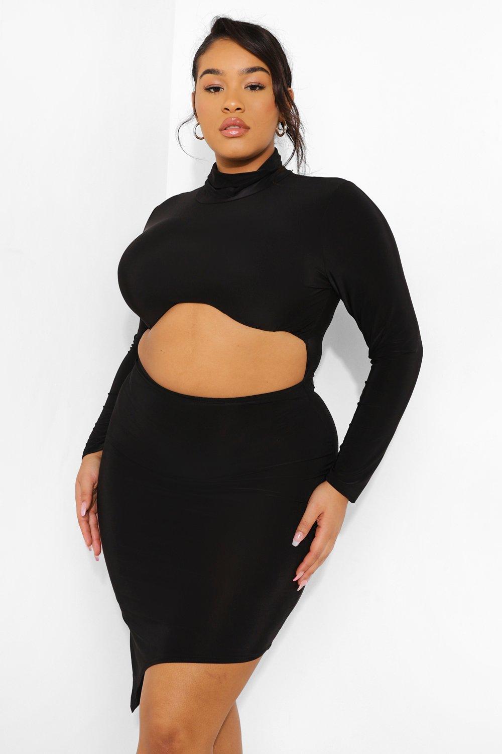 Boohoo Plus Zachte Mini Jurk Met Hoge Hals En Uitsnijding, Black