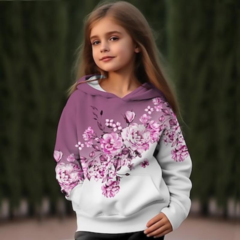 ETST WENDY 012 Meisjes 3D Floral Hoodie Pullover Roze Lange Mouw 3D Print Herfst Winter Actief Mode Schattig Polyester Kinderen 3-12 Jaar Buiten Casual Dagelijks Normale Pasvorm 100CM