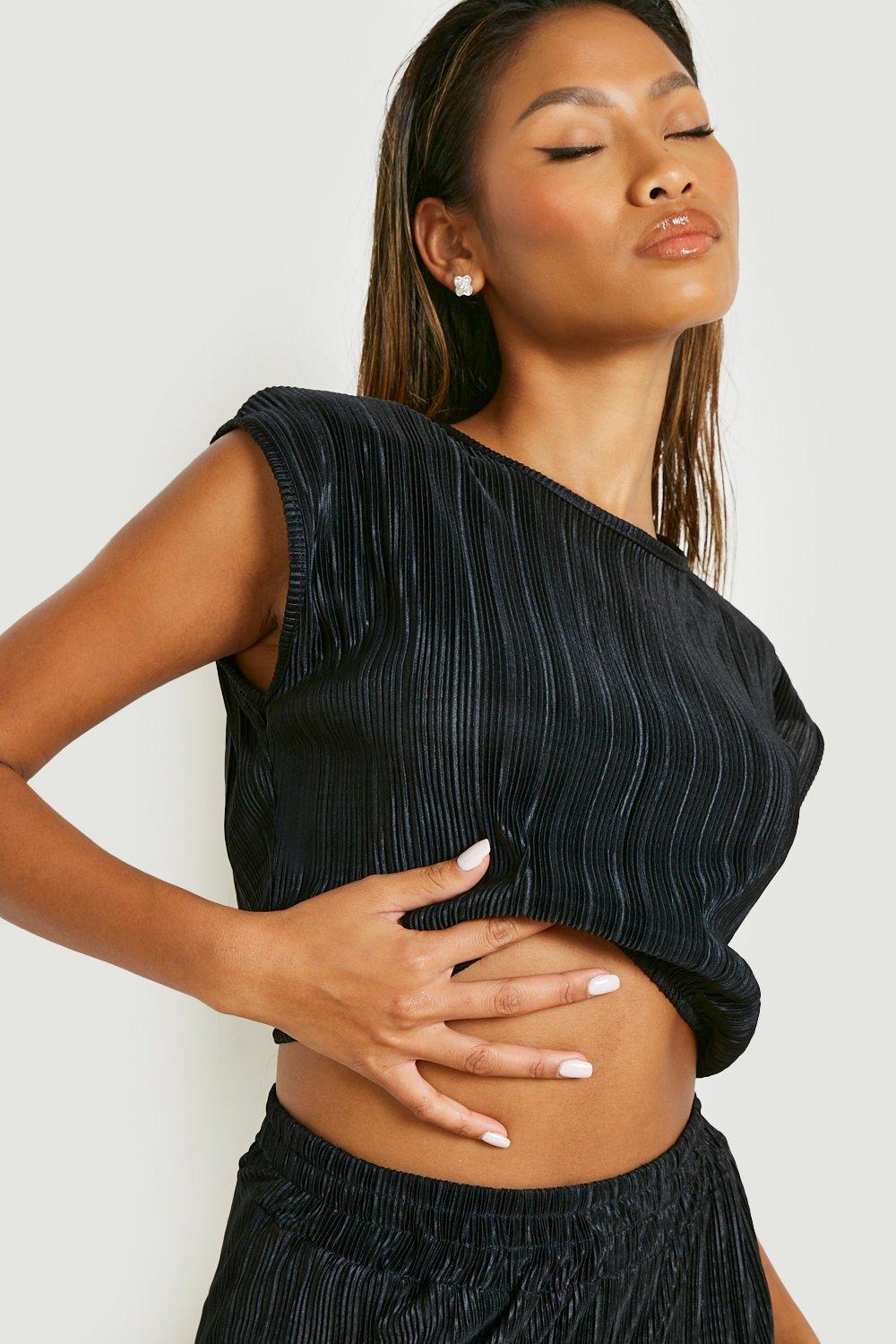 Boohoo Plisse Crop Top Met Schouderpads, Black