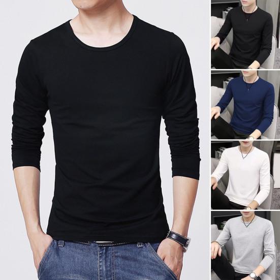 Charman Heren Top Effen Kleur Lange Mouw Ronde Hals T-shirt voor Dagelijks Gebruik Middellange Lengte Lichtgewicht Materiaal Casual Stijl Sport Onderkant T-shirt M blauw