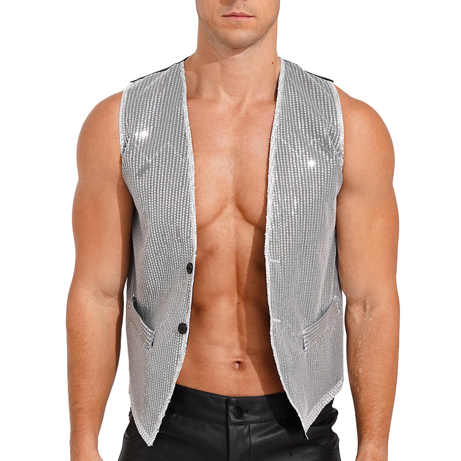 Inhzoy Podium Prestatie Vest Knoop Glanzend Mouwloos Vest Jazz Dans Show Kostuum Clubwear voor Vrouwen Mannen M zwart