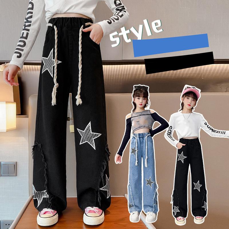 LIngzhi Mode Meisjes Kinderen Kinderen Bedrukte Sterren Jeans Lente Herfst Denim 170cm zwart