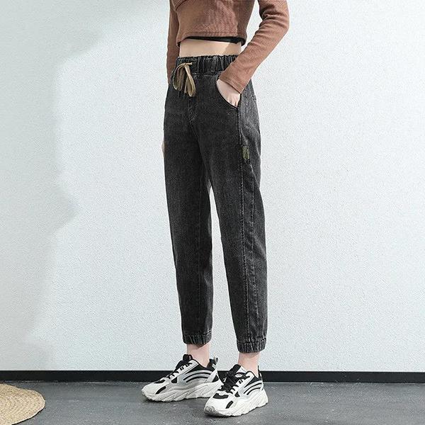 Kuma Dames lente en herfst groot formaat streetwear cropped jeans losse effen kleur hoge taille elastische casual jeans S donkerblauwe kleur