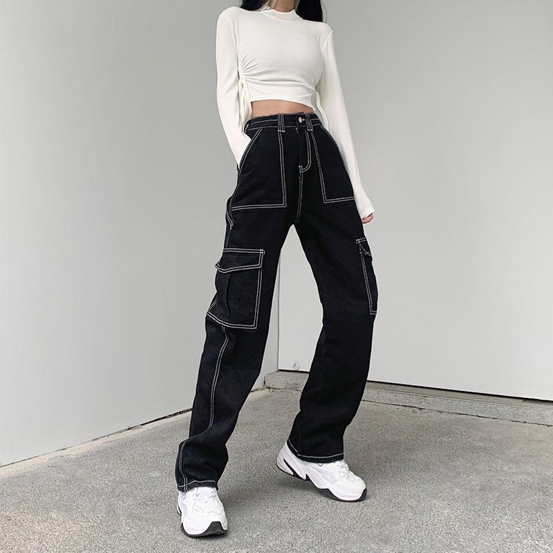Top Men Wardrobe High-waist Slimming Bright Line Wide-Leg Jeans - Losse Street Style Trend voor dames S zwart
